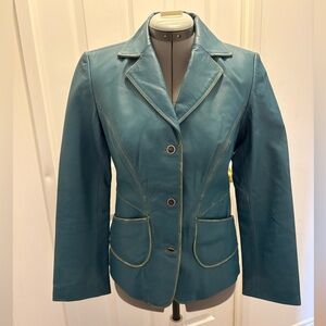 Teal Distressed Leather Blazer Jacket